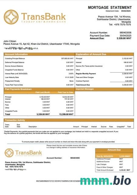 Mongolia Trans Bank wyciąg z kredytu hipotecznego szablon Word i PDF